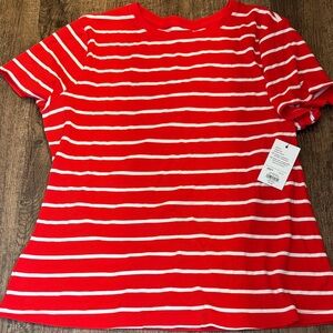 Nine West Compact-Rib Vibrant Striped Women's Crewneck Tee Ribbed Red White NEW